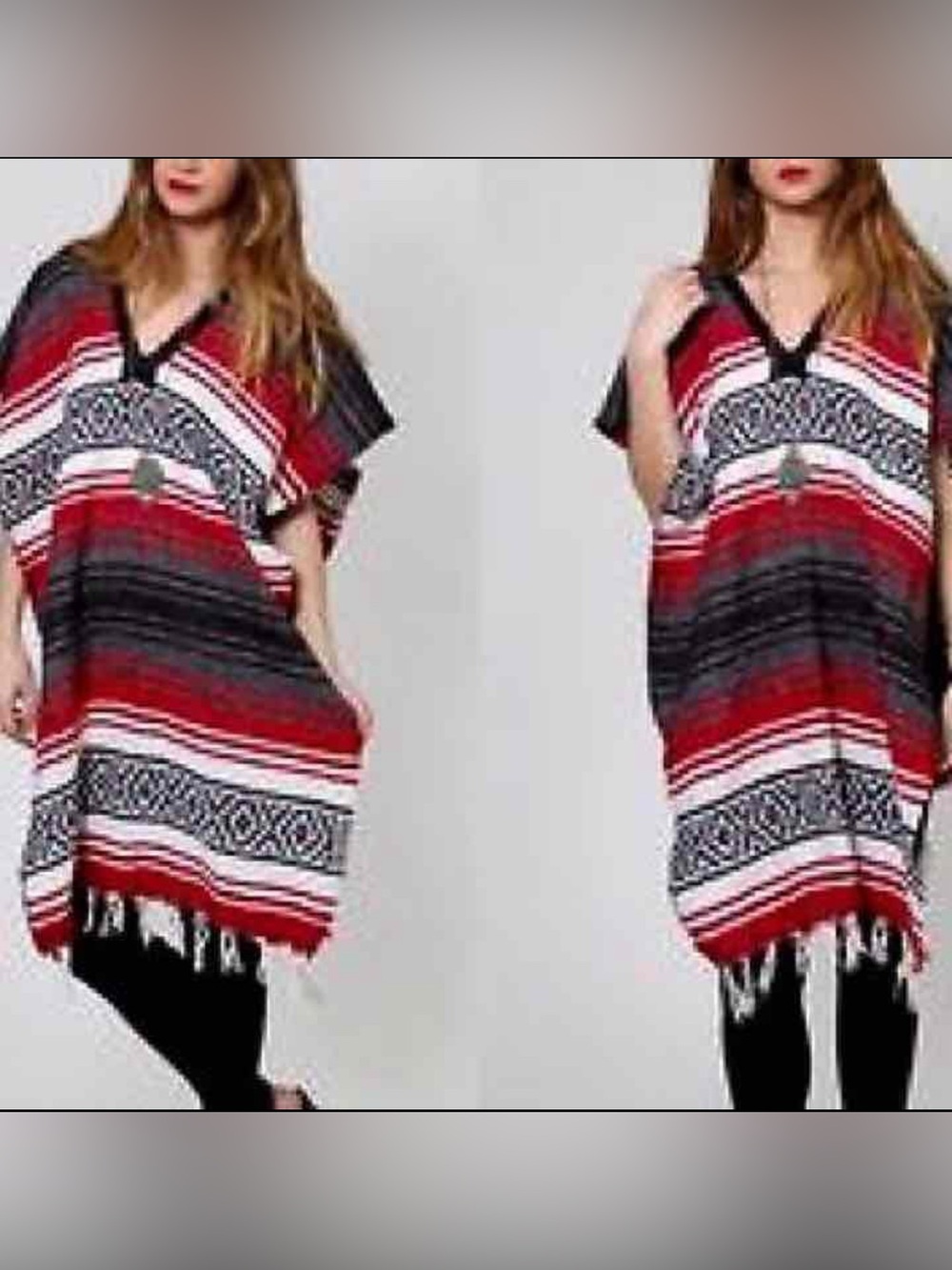 Tribal Serape Mexican Blanket Poncho Red Black Gray One Size